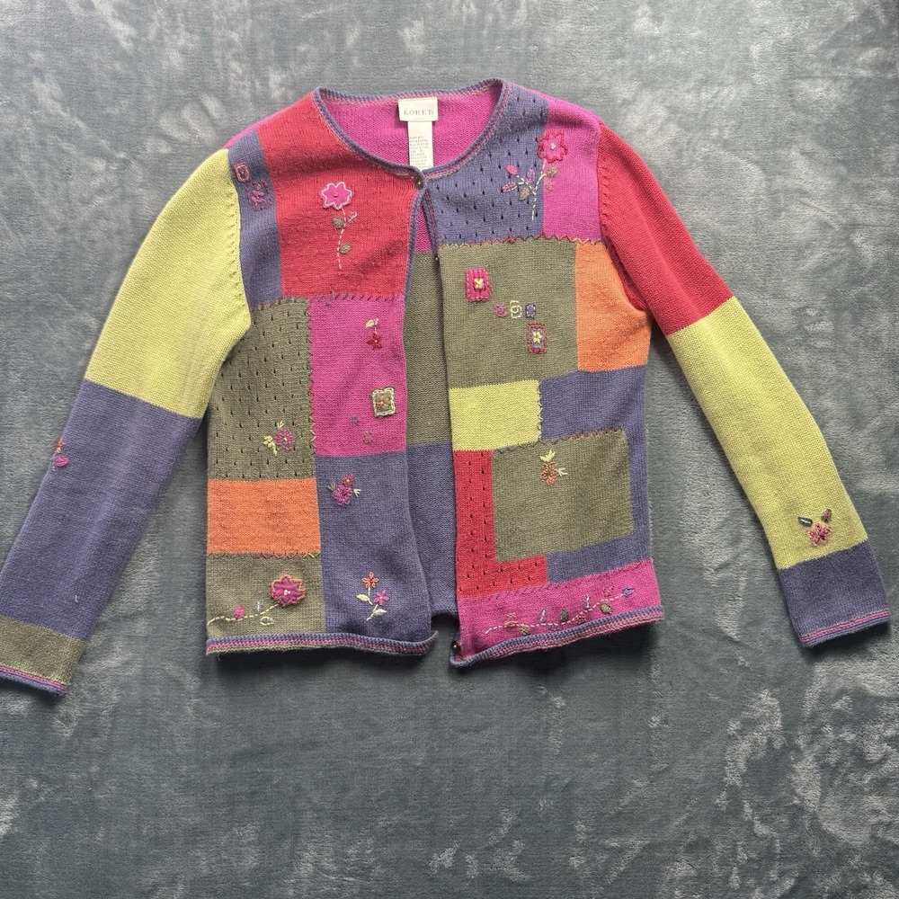 Koret Colorful Patchwork Crochet Cardigan Sweater S Embroidered Vintage 90s Y2K